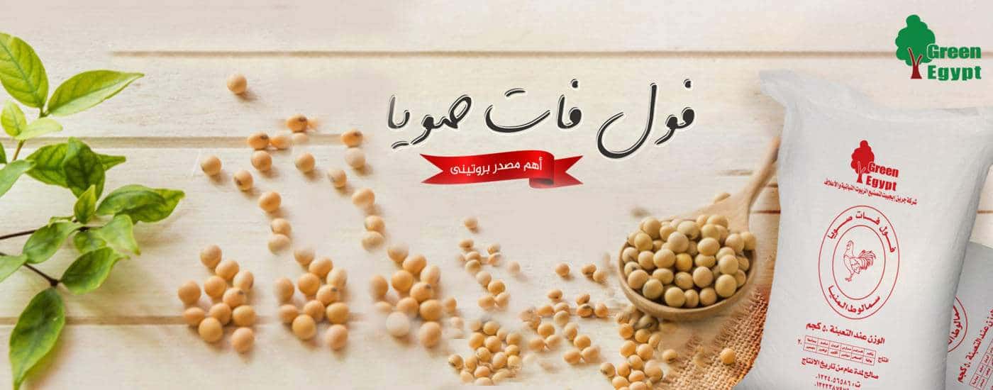 Soybeans are scattered across a rustic wooden background beside Green Egypt packaging and a bowl of beans, with Arabic text about soy protein.