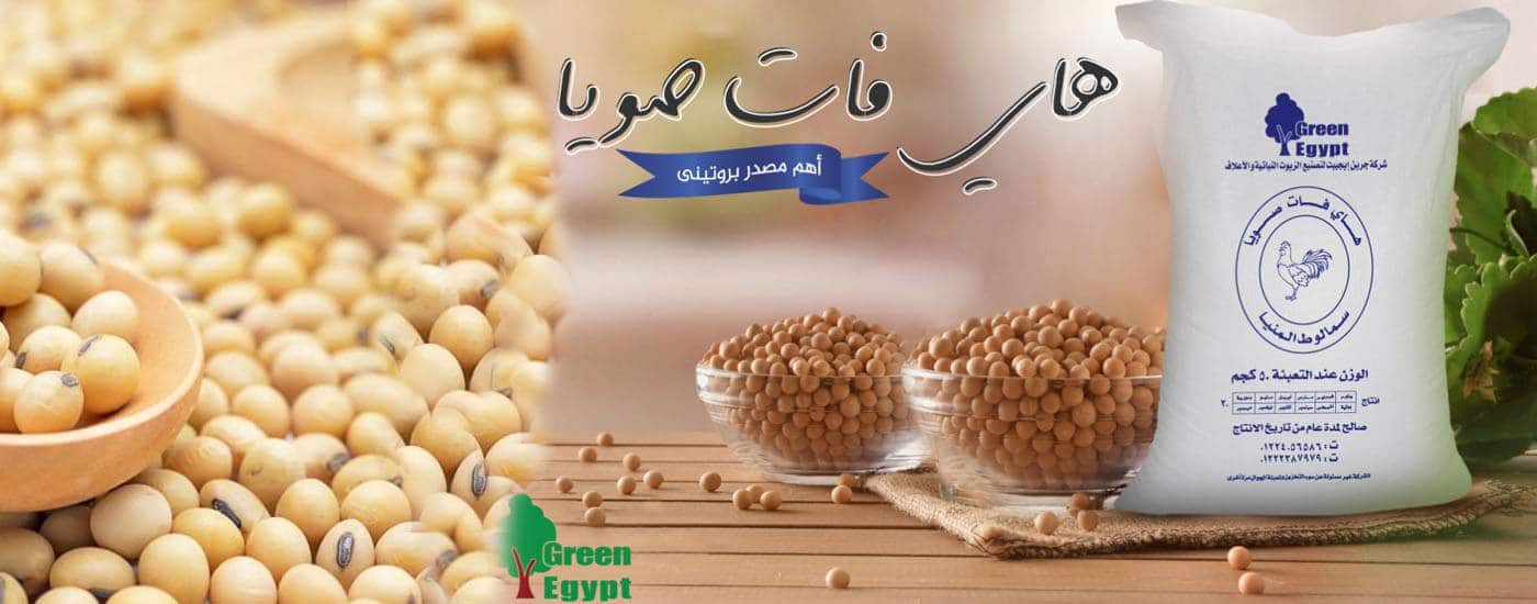Beige soybeans, bowls of legumes, and a Green Egypt sack appear beside Arabic text for pure soybeans and a logo for the plant oil company.